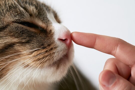 Macro Close Up View of Human Finger Touching Soft Pink Nose of Cute Tabby Cat Isolated on White Background Pet Trust Connection Concept