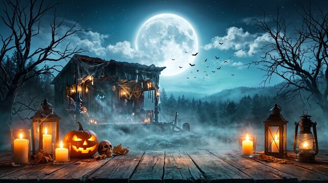 Halloween night scene with glowing candles, carved pumpkin jack o lantern and lanterns on wooden table