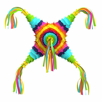 Traditional multi colored Mexican party pinata on a white background