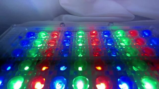 Colored LED light panel glowing in dark room with blue, green, and red bulbs