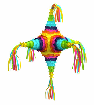 Traditional multi colored Mexican party pinata on a white background