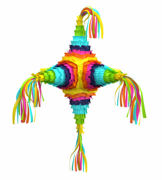 Traditional multi colored Mexican party pinata on a white background
