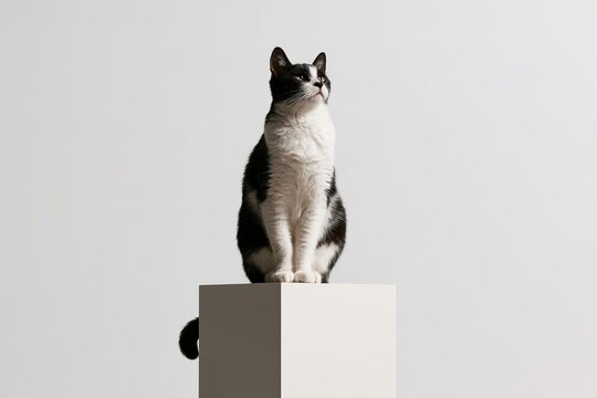 Beautiful Tabby Cat Sitting Full Body on White Minimalist Cube Pedestal Isolated on White Background Premium Luxury Pet Banner Concept