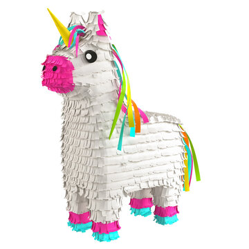 Traditional multi colored Mexican party pinata on a white background