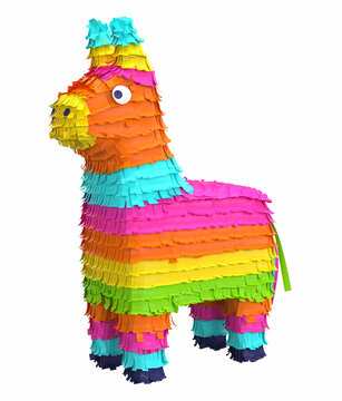 Traditional multi colored Mexican party pinata on a white background