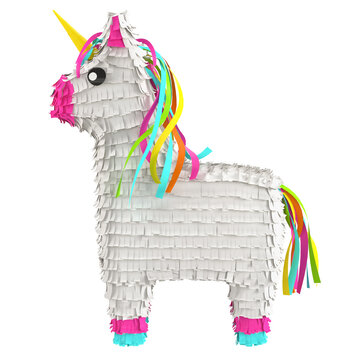 Traditional multi colored Mexican party pinata on a white background