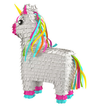 Traditional multi colored Mexican party pinata on a white background