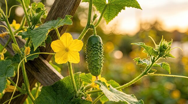 Small green cucumber hanging on a vine with a yellow flower in the garden