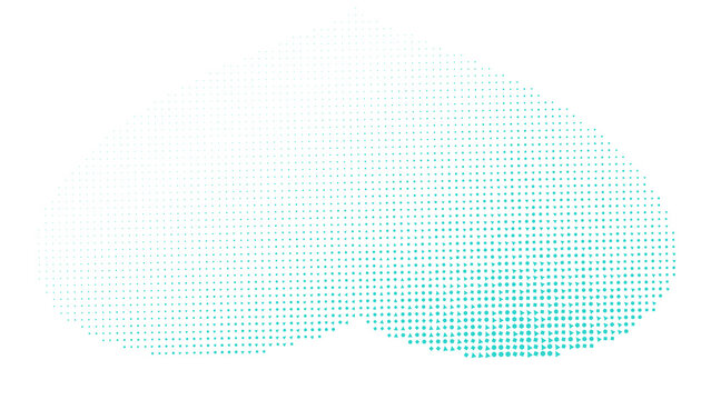 Cyan heart shape made of a grid of tiny glowing dots on a solid black surface