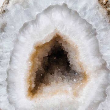 Close-up of a geode, revealing its sparkling crystalline interior with shades of white and brown