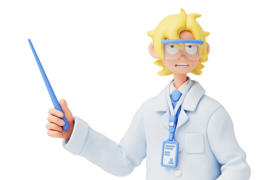 3D render of friendly young blonde male doctor in a medical coat with protective glasses and an ID badge, pointing with stick pointer during lecture or presentation, isolated on transparent background