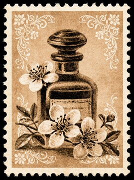 Vintage perfume bottle on a retro postage stamp with floral engravings and sepia tones, styled like an old Austrian label.