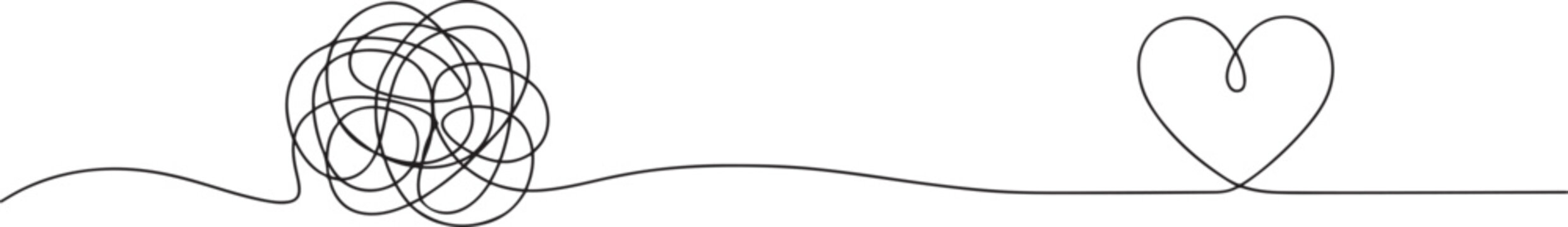 Chaotically tangled line and tangled heart. Psychotherapy for couple concept of solving problems is easy. Unravels chaos and mess difficult situation. one line art icon drawing