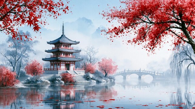 a traditional Japanese pagoda situated in a serene landscape. The pagoda is a multitiered structure with a pointed roof and ornate details. It is painted in shades of red, black, and white.