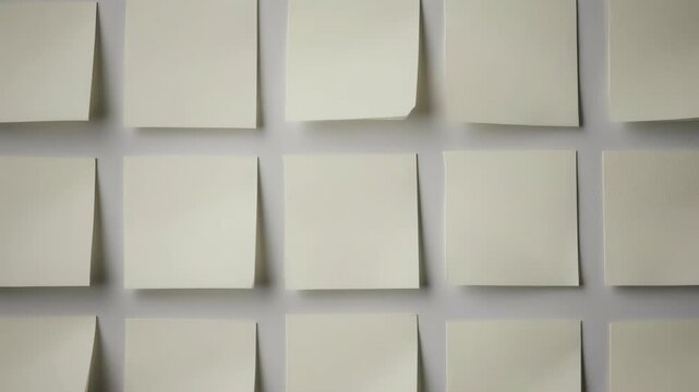 Seamless looping animation of blank square sticky notes arranged in a clean grid pattern on a neutral background for creative brainstorming sessions