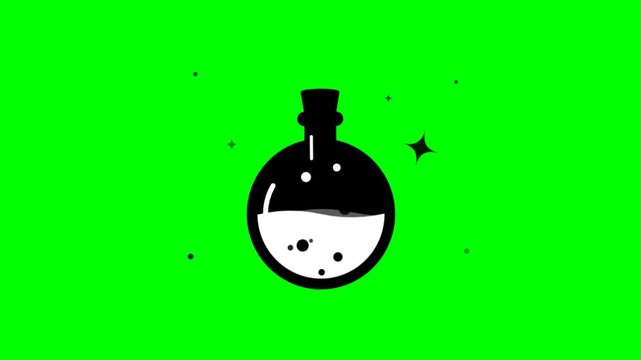 Animated magic potion bottle icon with sparkling stars on chroma key green screen background
