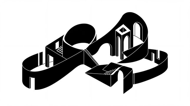Abstract Impossible Architecture Silhouette - Surreal Isometric Building Illustration on White Background