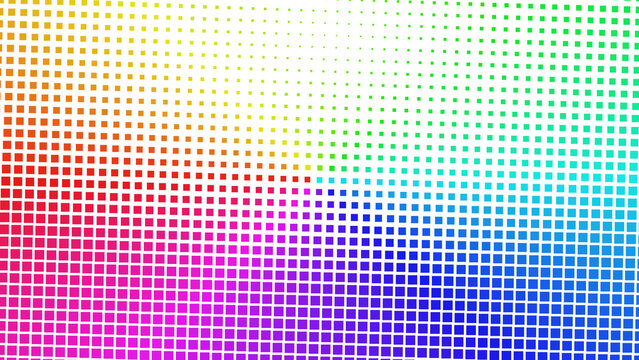 Geometric pixelated square grid pattern with a vibrant rainbow spectrum transition effect for modern digital art