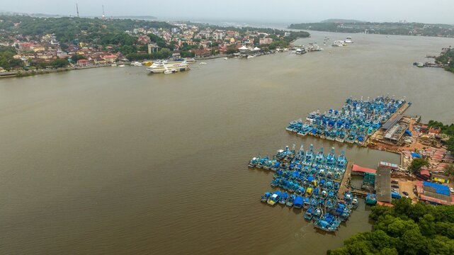 Aerial view of Atal Setu Goa bridge spanning the Mandovi River with a large fleet of blue fishing boats moored at the jetty in Panaji, Goa, India.