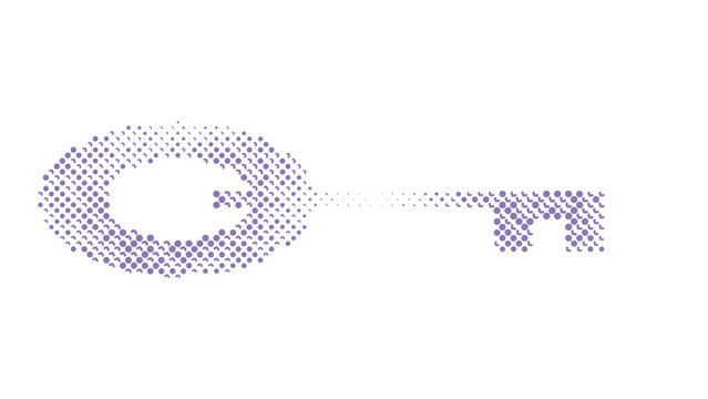 Minimalist digital design of a classic key rendered using a pattern of light purple dots