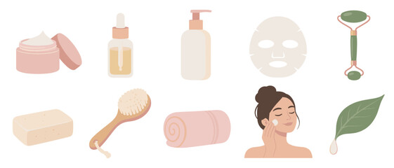 Fototapeta premium Skincare icons with cream serum face mask and jade roller