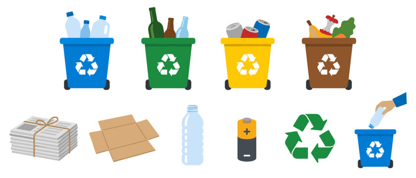 Recycling bin icons with bottles cardboard and battery