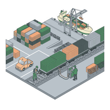 Professional Isometric of Busy Container Terminal with Green Orange and Black Shipping Containers Workers Trucks and Cranes
