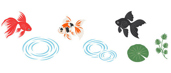 Obraz premium Goldfish icons with water ripple lily pad and pondweed