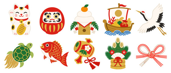 Obraz premium Japanese lucky charm icons with maneki neko daruma and crane