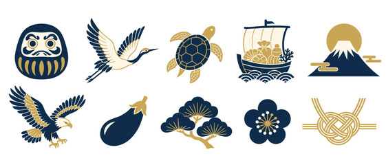 Obraz premium Japanese new year icons with daruma crane turtle and treasure ship