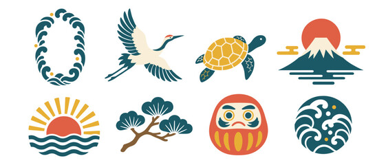 Obraz premium Japanese crane turtle icons with mount fuji sunrise and wave