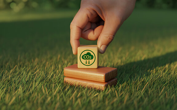 Hand placing wooden cube with C O2 symbol on stacked wooden blocks on grass carbon dioxide