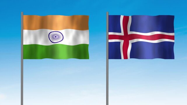 Flag of Iceland and India, Pole flag of Iceland and India on clear sky background. Iceland and India flag waving. 
