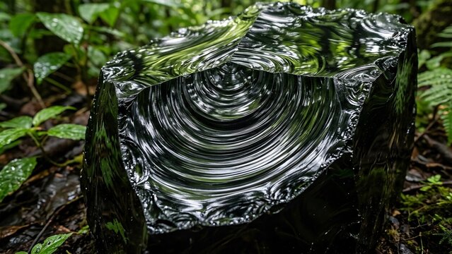 Detailed Conchoidal Fracture Pattern on Black Obsidian Volcanic Glass