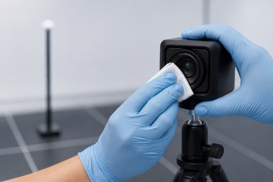 Clinical gait analysis laboratory - hands cleaning a motion capture camera