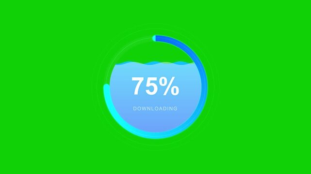 minimalist blue download button UI overlay, Digital loading bar animation, liquid progress bar UI element, blue circular status indicator on green screen key
