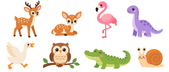 Obraz premium Cute animal icons with deer flamingo dinosaur and owl