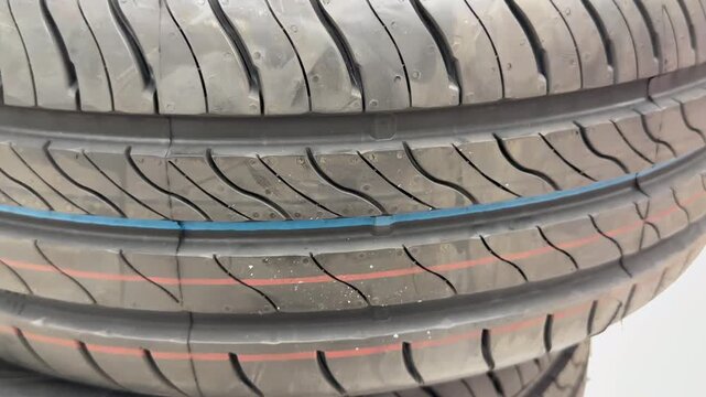 Close-up of tire tread pattern with visible grooves and rubber texture, automotive part concept, vehicle accessory theme.
