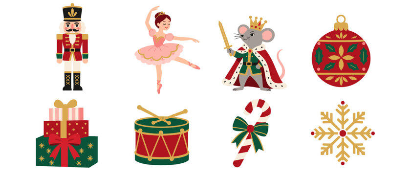 Christmas ballet icons with nutcracker ballerina mouse king and drum