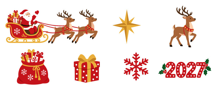 Christmas santa icons with sleigh reindeer star and gift