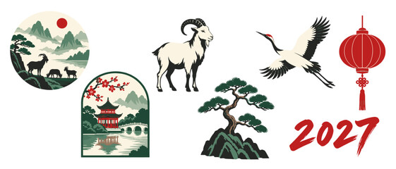 Obraz premium Chinese landscape icons with goat crane pagoda and bonsai