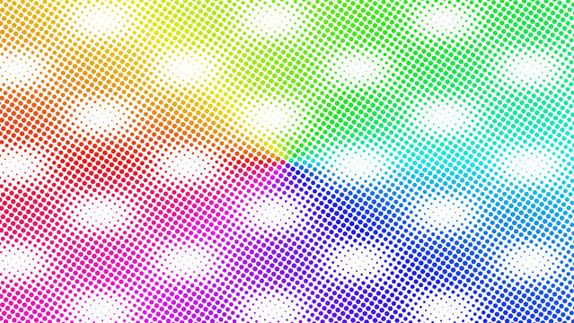 Vibrant rainbow color gradient with repeating circular mesh texture and dark artistic focal points for design