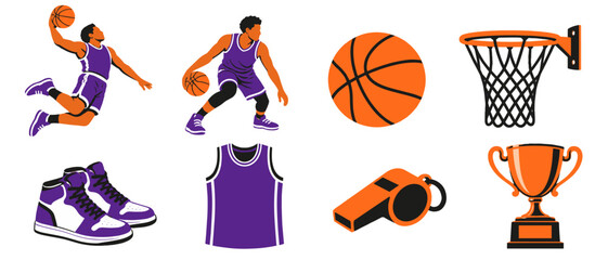 Fototapeta premium Basketball icons with player dunking sneakers and hoop