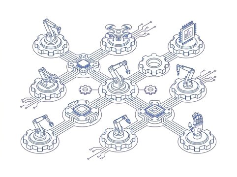 Autonomous workflow nodes with robotic task icons, AI automation concept