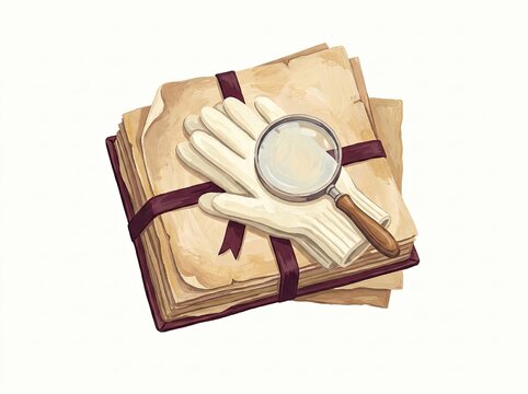 Rare manuscripts with magnifier and archival gloves, research library concept