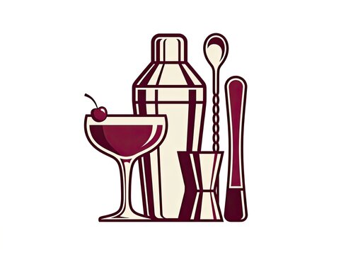 Vintage cocktail shaker, coupe glass and garnish tools, classic drinks concept