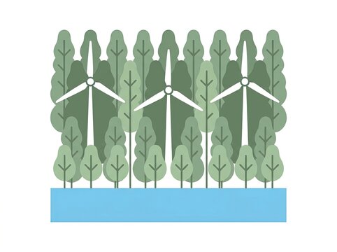 Wind turbines among managed woodland, renewable energy concept