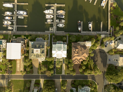 Bird's eye view of coastal homes and boats in Carolina Beach, North Carolina in New Hanover County