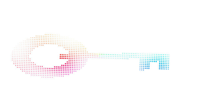 Vintage key silhouette composed of vibrant multicolored digital particles creating a smooth color gradient effect