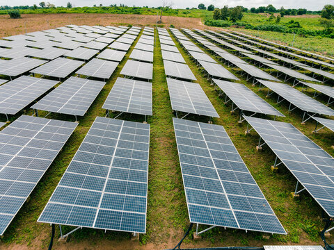 Aerial view of solar panels arranged in rows at a solar power plant in Ogun State, Nigeria.